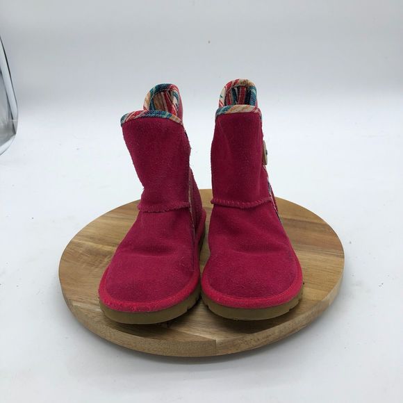 UGG Boots Shoes Girls 10 Pink Suede Winter Bootie Button Casual - Picture 2 of 9